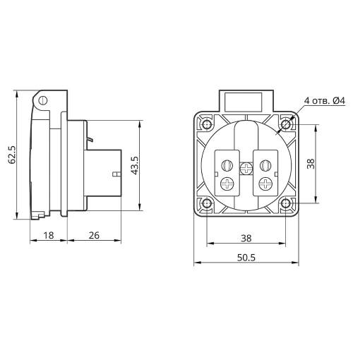 Розетка панельна с зах кришкою 312 16А 230В 2Р+Е IP44 TAKEL