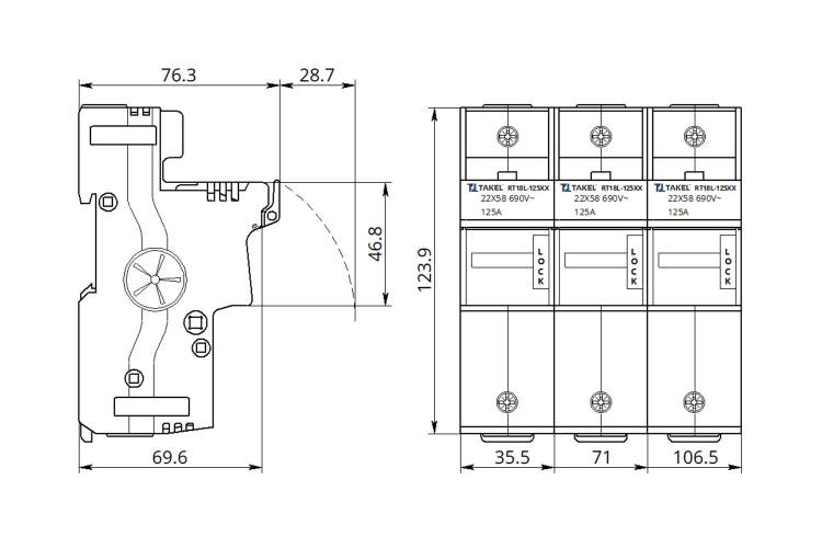 Тримач плавкого запобіжника RT18L-125X 2Р 125А типорозмір 22x58 TAKEL 