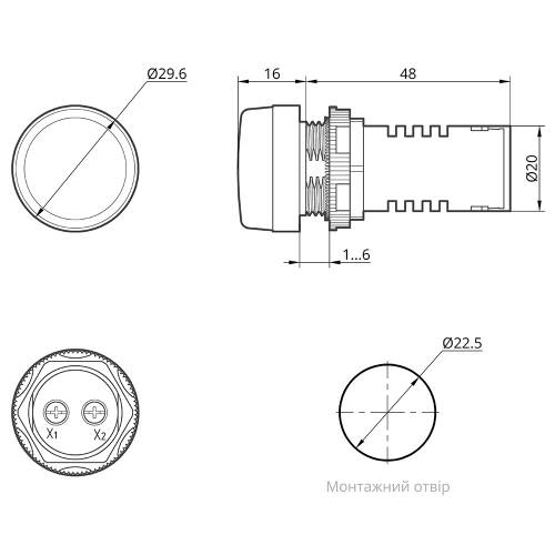 Світлодіодний індикатор AD22D 230v АC/DC ARGENT, червоний TAKEL