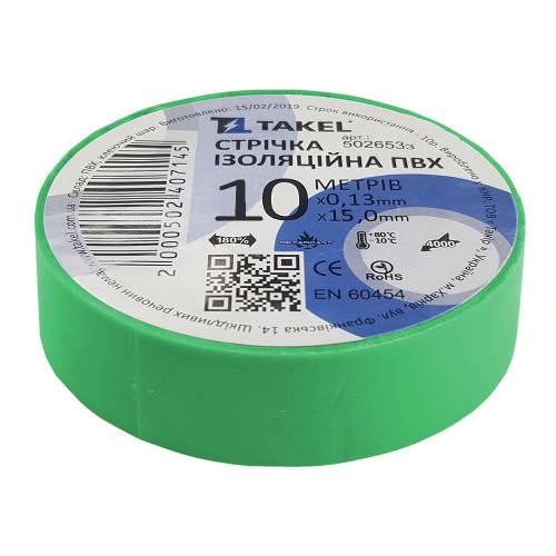 Изоляционная лента ПВХ 0.13мм х 15мм х 10м, зелёный TAKEL