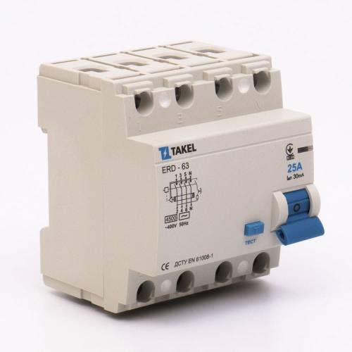 Вимикач диференційних струмів ERD-63 4P 30мА 25А TAKEL 